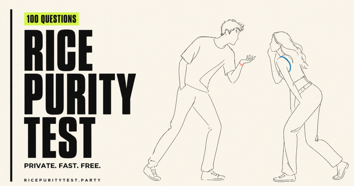 Rice Purity Test poster with two line-drawn college students comparing scores